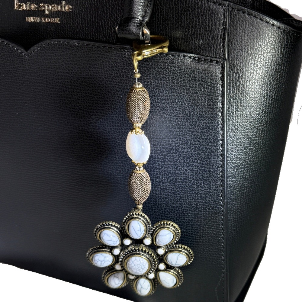 Handmade Bag Charm Upcycled Vintage-Style Brooch Floral White Bronze